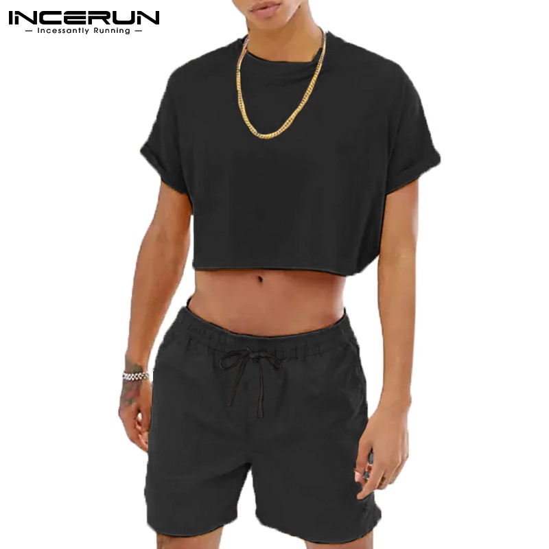 Bộ áo crop top và quần short INCERUN màu trơn 2 món thời trang mùa hè dành cho nam