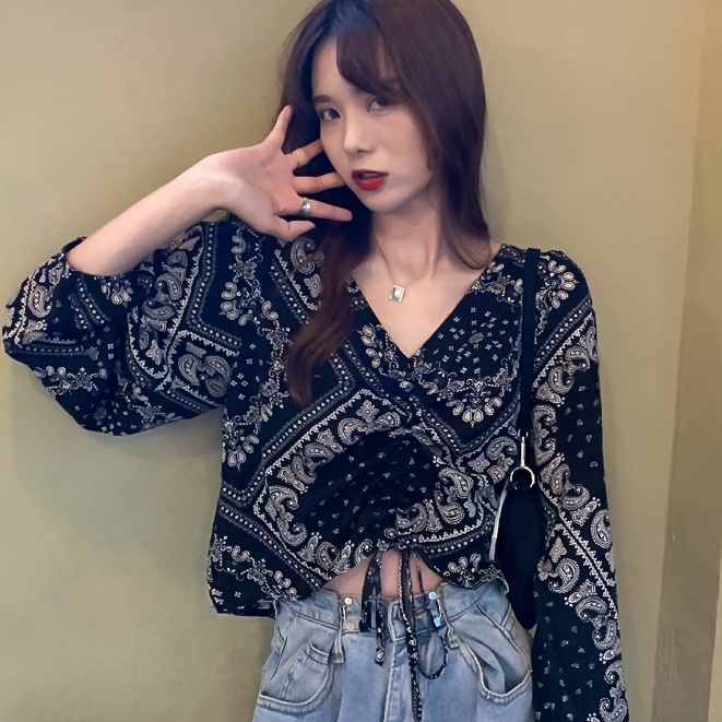 Áo Sơ Mi Ngắn Tay Dài Cổ Chữ v Thiết Kế Dây Rút Phong Cách Mới Dành Cho Nữ