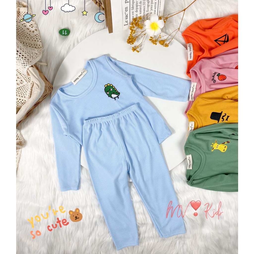 [SALE] Bộ Dài Tay Cho Bé Trai, Bé Gái Minky Mom Vải Len Gân Thêu Ngực Dễ Thương, Đồ Bộ Cho Bé Mặc Nhà Thu Đông MKMTD2154