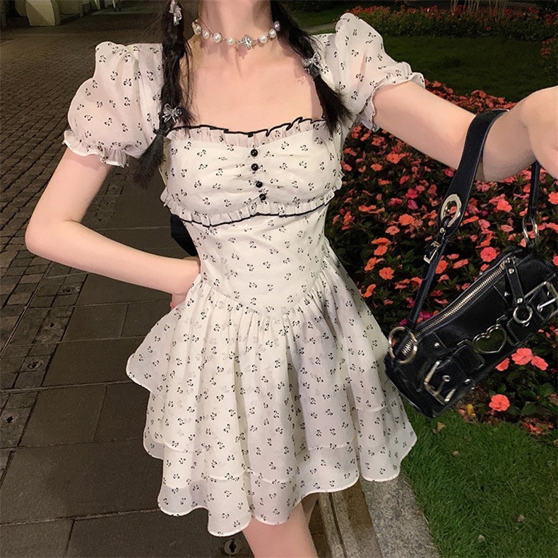 Đầm ZHELIHANGFEI tay phồng cổ vuông họa tiết hoa thời trang dành cho nữ