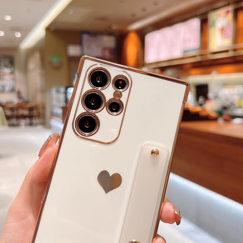 Ốp Điện Thoại Vuông Mềm Hình Trái Tim Dễ Thương Có Dây Đeo Cổ Tay Cho Samsung Galaxy A53 A13 A52 A12 5G S21 S22 Ultra Plus S21FE S20FE