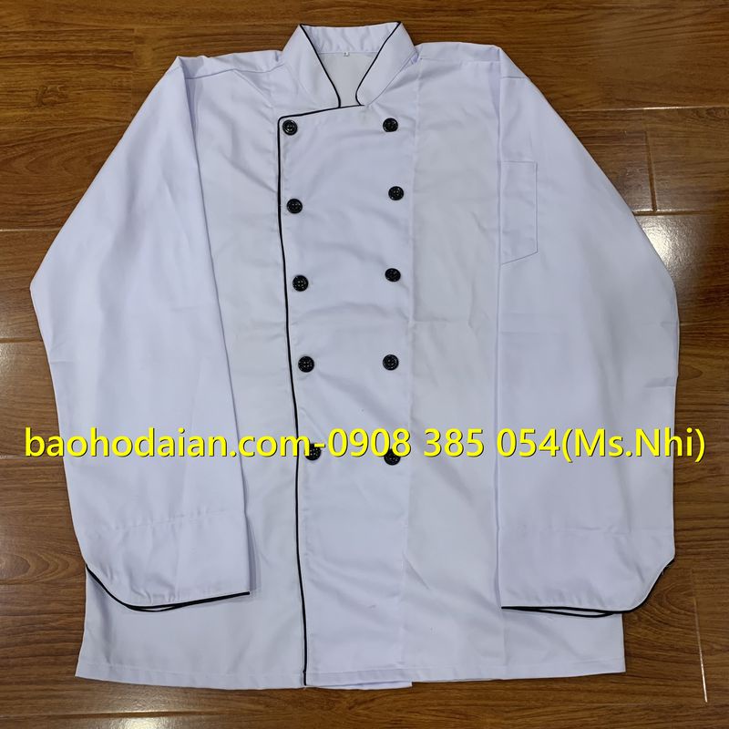 Áo đầu bếp dài tay vải kaki thoáng mát phối viền đen sang trọng