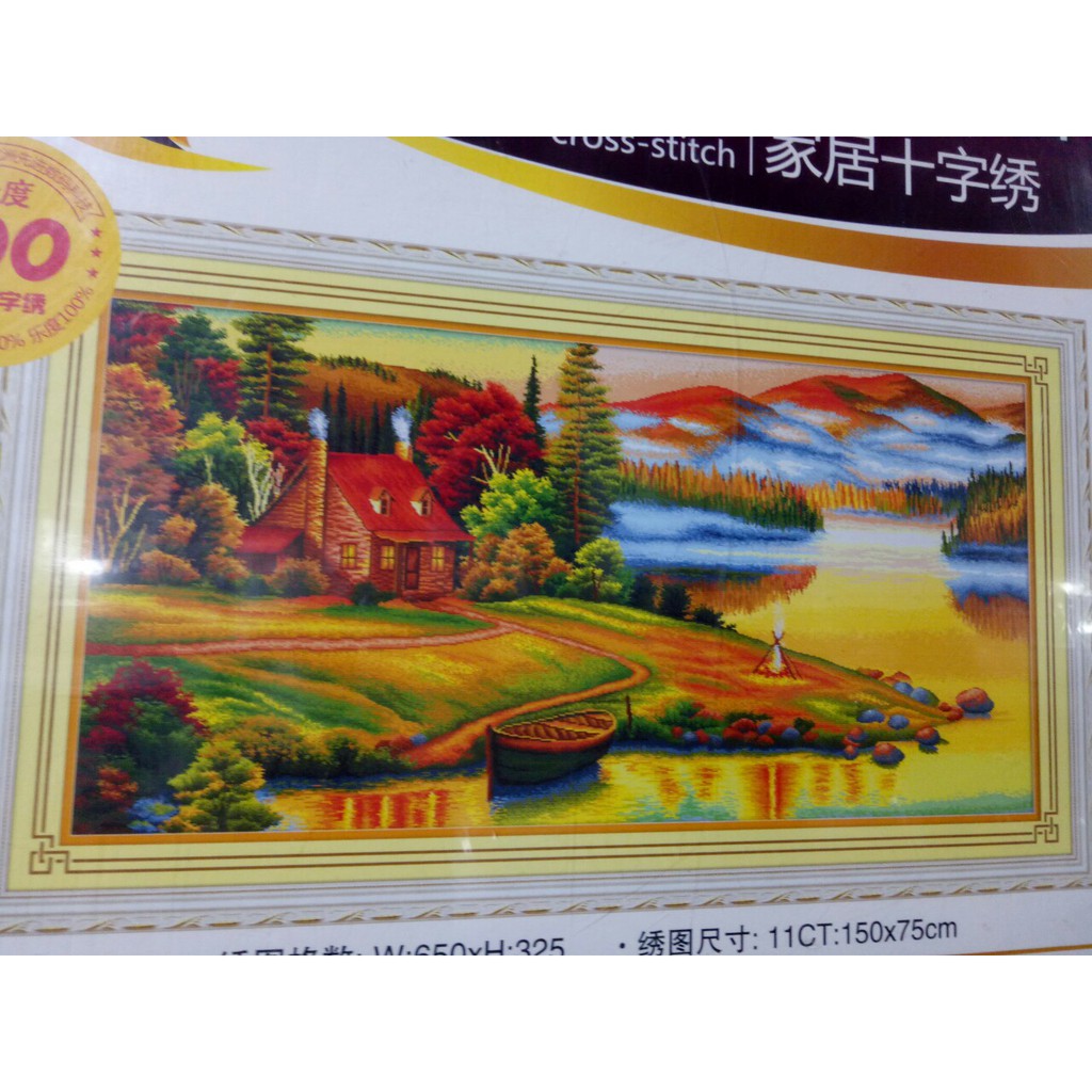 tranh thêu chữ thập phong cảnh làng quê mùa thu vàng 150x75cm chưa thêu