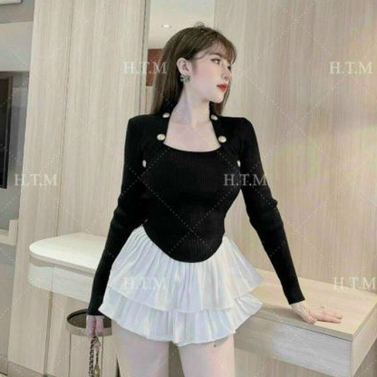 Áo cổ U tay dài  phối nút viền vạt bầu phong cách hiện hàn quốc(A15