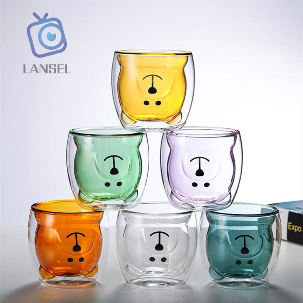 Cốc Nước Thủy Tinh Hai Lớp Hình Gấu Hoạt Hình Dễ Thương 300ML