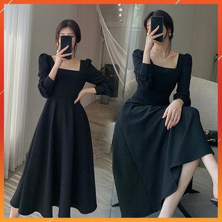 Đầm dự tiệc xòe chữ A dáng dài, cổ vuông, tay phồng thanh lịch, quyến rũ, sang trọng