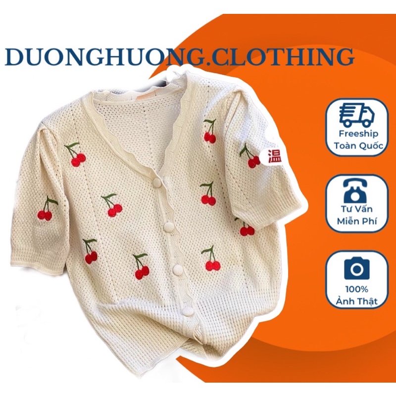 Áo Phông Nữ, Áo Croptop Nữ Chất Liệu Len Mỏng Ngắn Tay Cổ V Thêu Quả Cherry Phong Cách Hàn Quốc