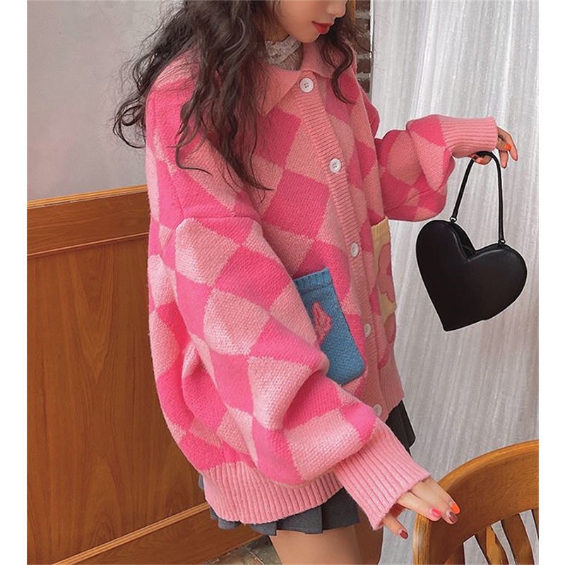 Áo khoác cardigan dệt kim dáng rộng kẻ sọc đính đá dễ thương