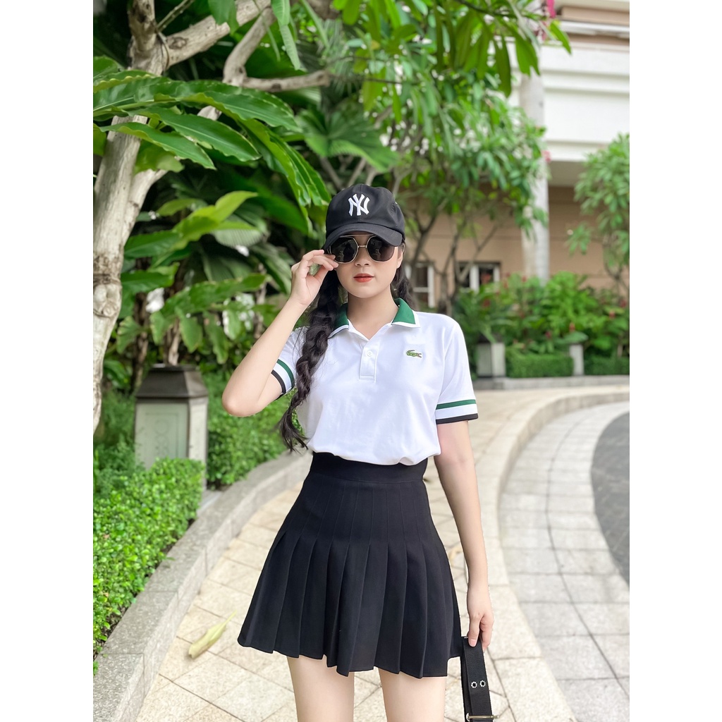 ÁO THUN CỔ TRỤ LACOSTE TRẮNG XANH LÁ VNXK   - COTTON CÁ SẤU 100%