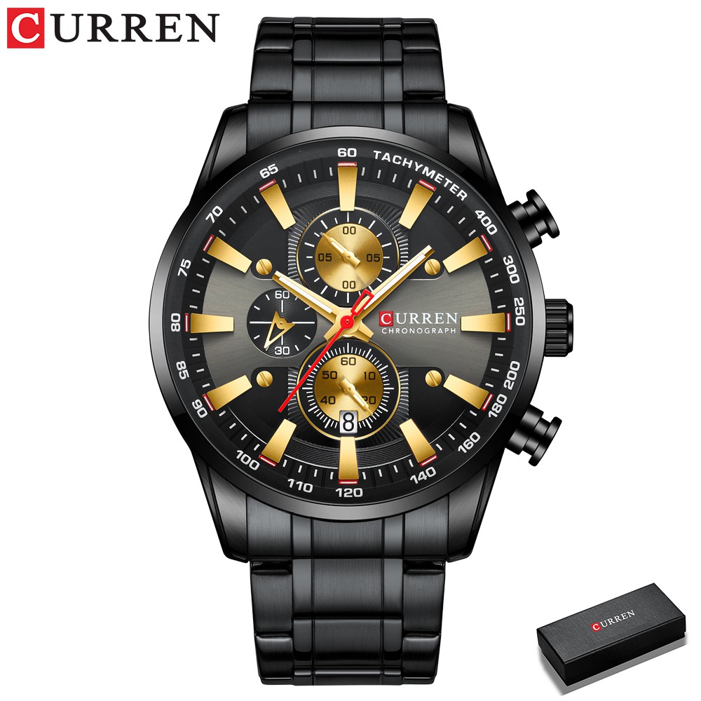 Curren Black Gold Watch for Men Fashion Quartz Sports Wristwatch Chronograph Clock Date Watches Stainless Steel 8351