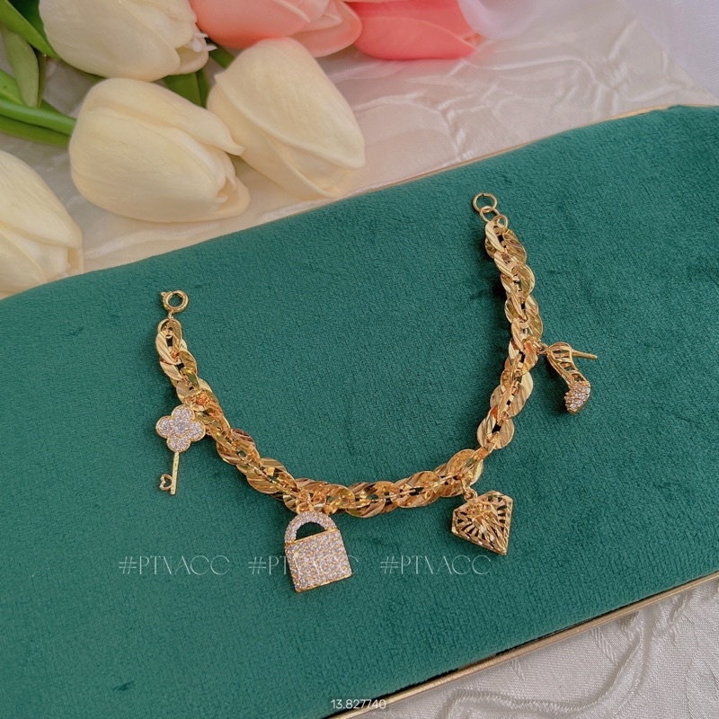 Lắc tay xoắn lá 4D phối charm đính đá cao cấp .PTNACC.