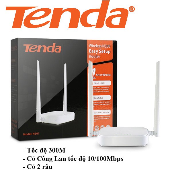 Bộ phát Wifi Tenda N301 Chuẩn AC 300Mbps , Có cổng lan , 2 râu phát Sóng Khỏe Chính Hãng - BẢO HÀNH 24 THÁNG