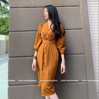 Đầm suông sơ mi sọc vàng nâu cột nơ eo