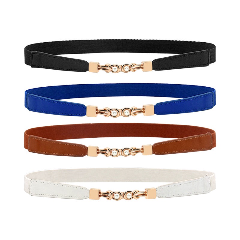 Thắt Lưng Co Giãn Màu Đen / Nâu Đính Ngọc Trai Dành Cho Nữ