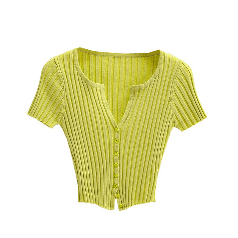 Áo Croptop tay ngắn dáng ôm body phong cách Ulzzang cổ tim chất len tăm phối nút nhiều màu thời trang