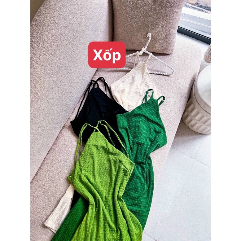 Đầm body dáng dài cổ yếm hở lưng phối 4 dây chéo lưng sexy chất thun xốp MS70
