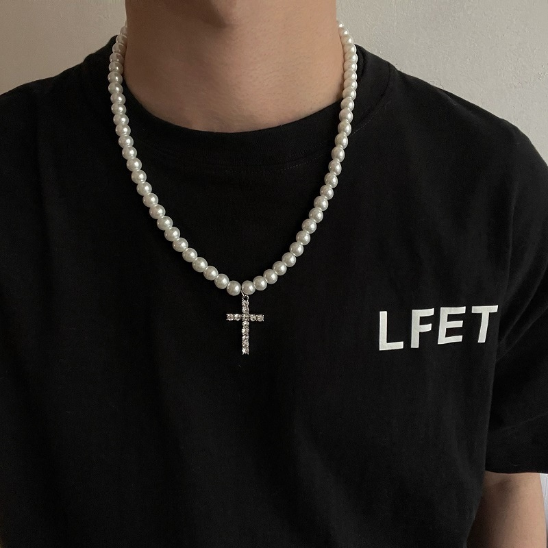 Vòng cổ Chuỗi Ngọc Trai Mặt Thánh Giá Phong Cách Punk Thời Trang Cho Nam Và Nữ