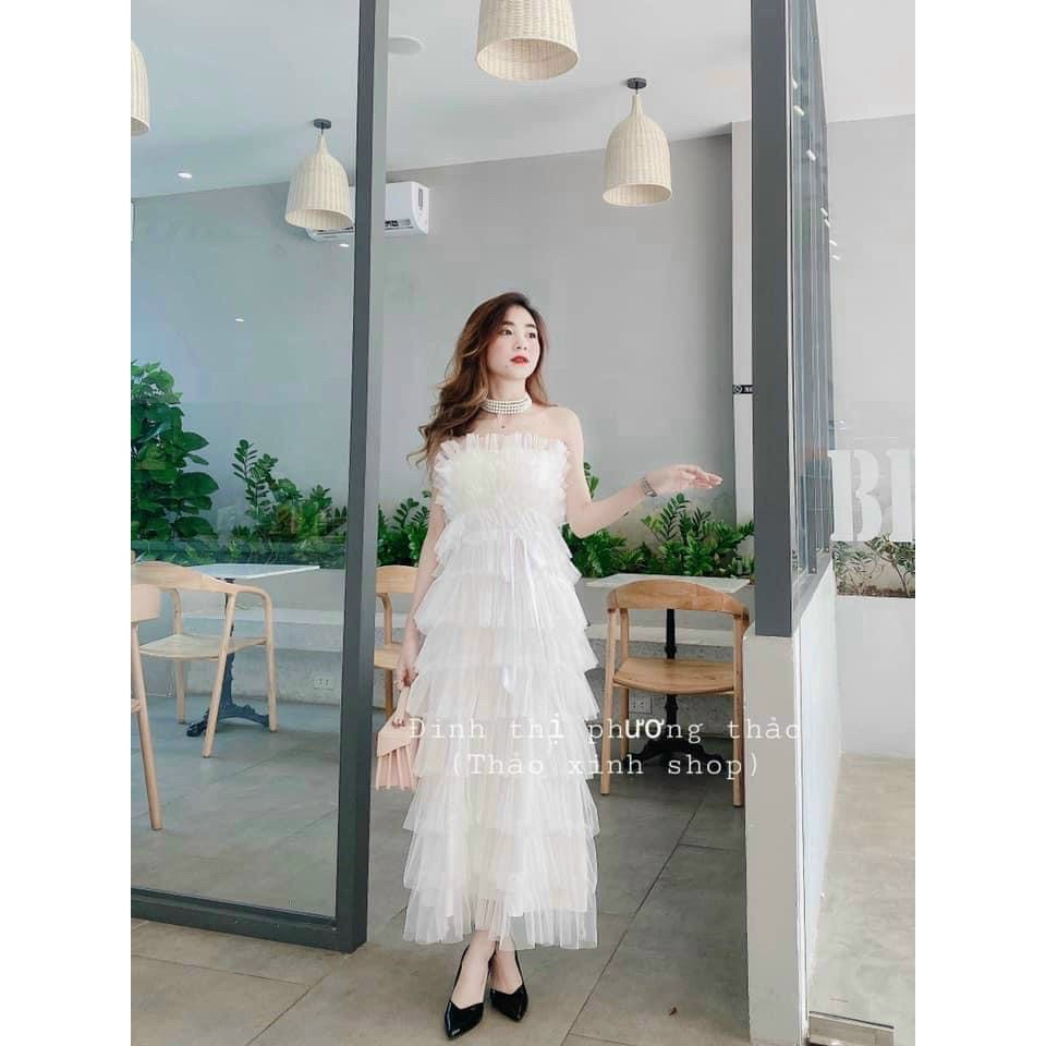 Váy trắng 2 dây đầm nữ dự tiệc freesize chất lưới dạng xếp tầng có mút ngực kimhoa77 | BigBuy360 - bigbuy360.vn