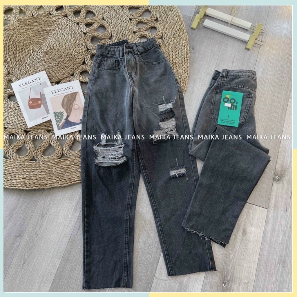 (Hottrend) Quần Jeans  Baggy Rách  Đen Loang  Nữ Lưng Cao Tôn Dáng Shop MaiKa Jeans [Hình tự chụp ]
