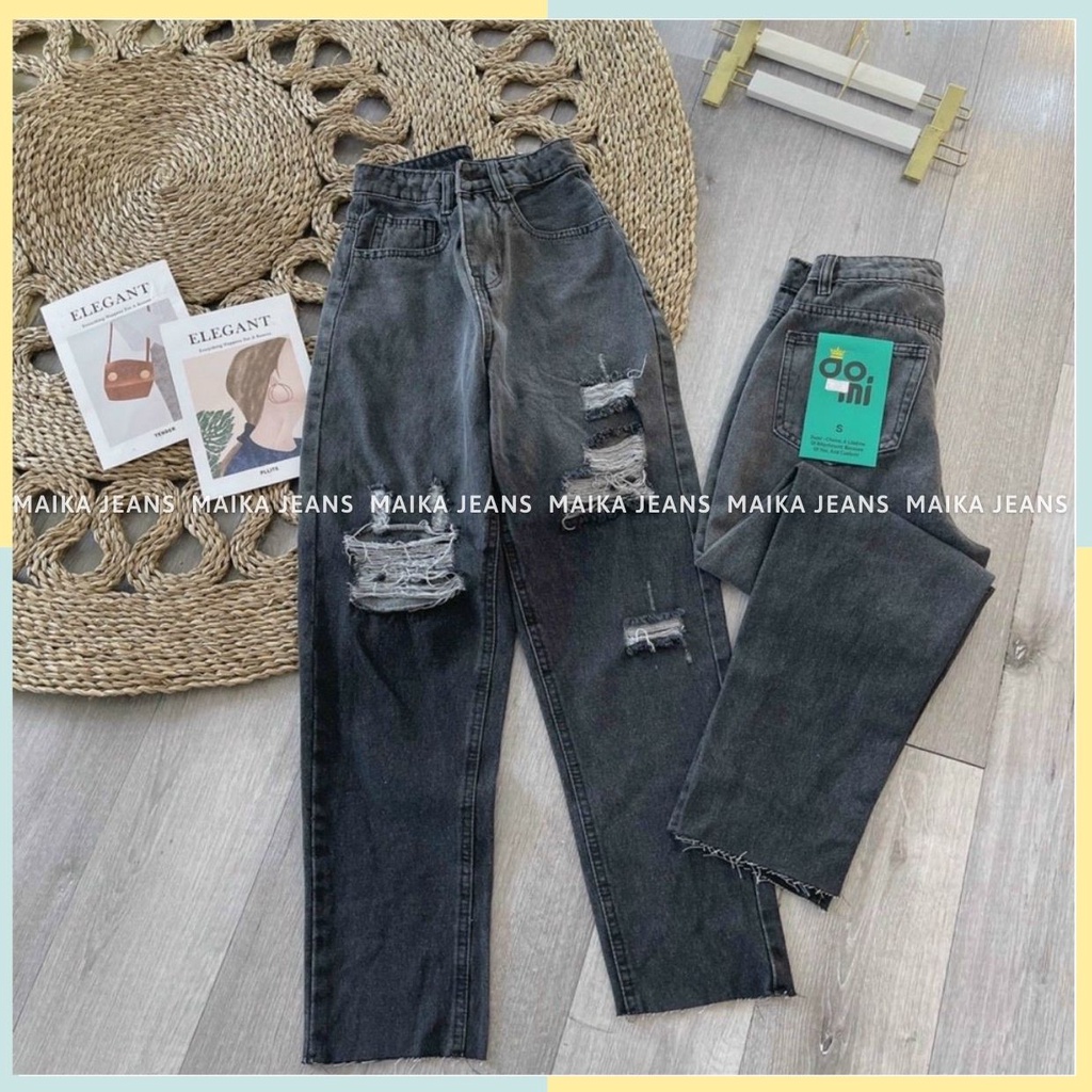 (Hottrend) Quần Jeans  Baggy Rách  Đen Loang  Nữ Lưng Cao Tôn Dáng Shop MaiKa Jeans [Hình tự chụp ]