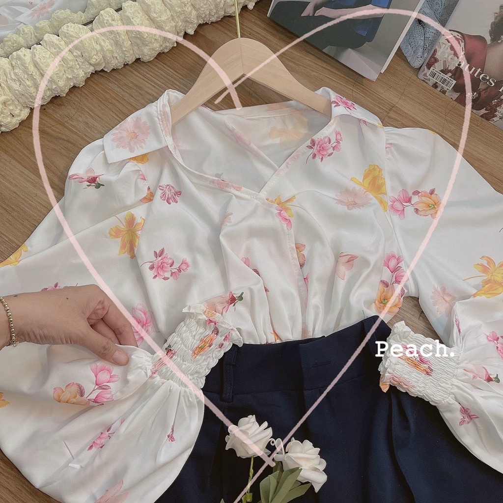 SET ÁO HOA TAY BỒNG BO CHUN CỔ V + QUẦN SHORT XANH NAVY