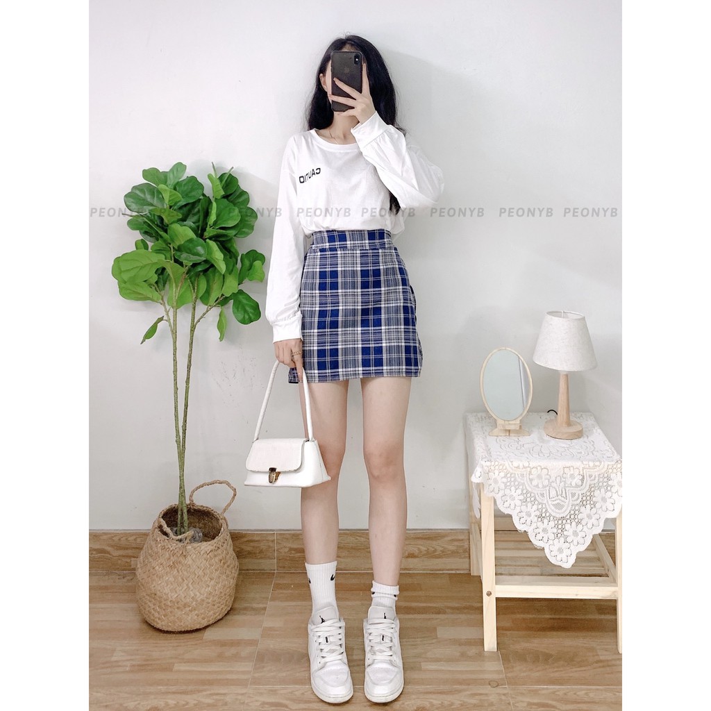 Bộ chân váy caro kèm áo cautio tay dài nữ [FREESHIP] Set đầm mini zip, phông thun trắng bánh bèo tiểu thư ulzzang ĐẸP | BigBuy360 - bigbuy360.vn