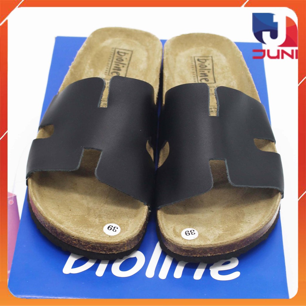[DA BÒ THẬT] D04-Dép da chữ H Birken Bioline Unisex (Đế trấu) - Juni Store