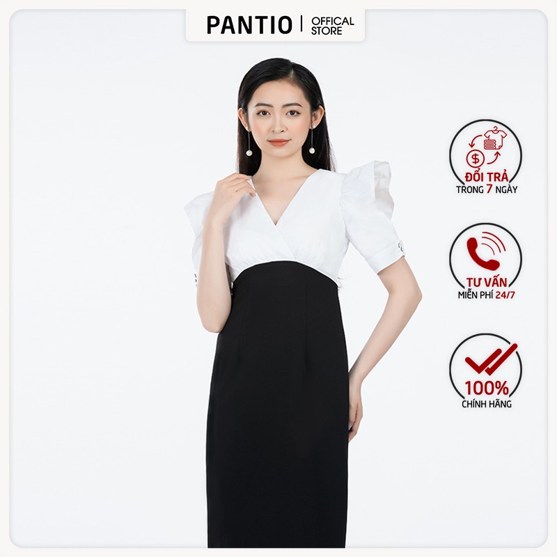 Đầm công sở chất liệu Thô lụa phối màu dáng ôm ngắn tay - FDC32764 - PANTIO