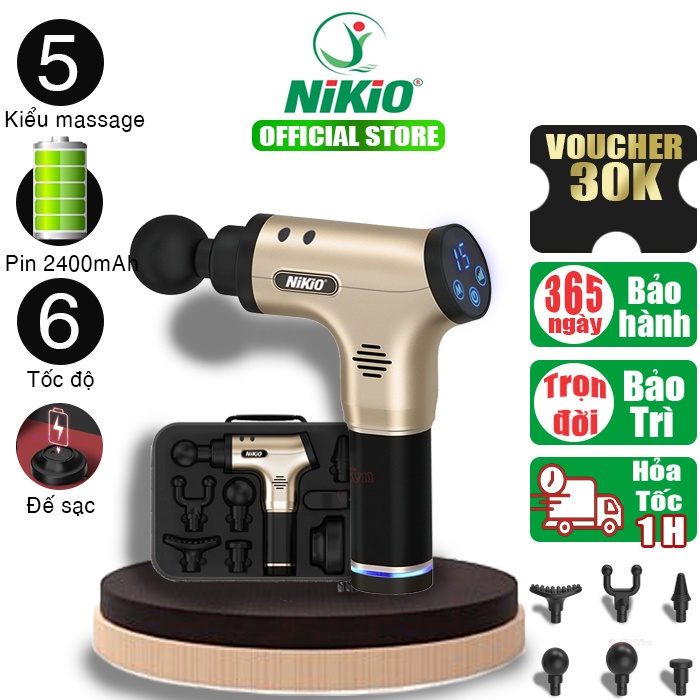 Súng Massage Giảm Căng Cơ Đau Nhức Nikio Nhật Bản NK-171 - 6 đầu, 5 chế độ mát xa-Màu Vàng
