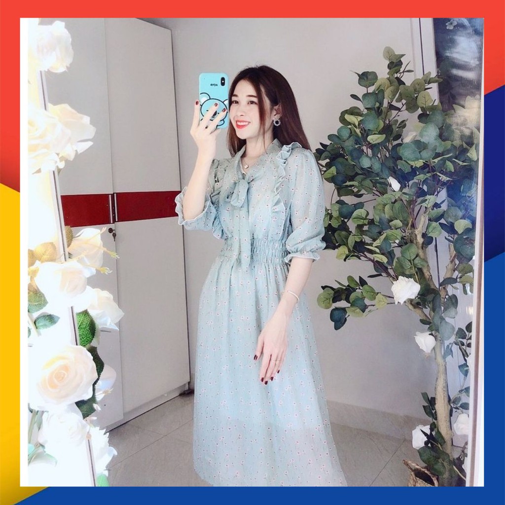 Đầm hoa viền bèo cột nơ siêu xinh - hình thật