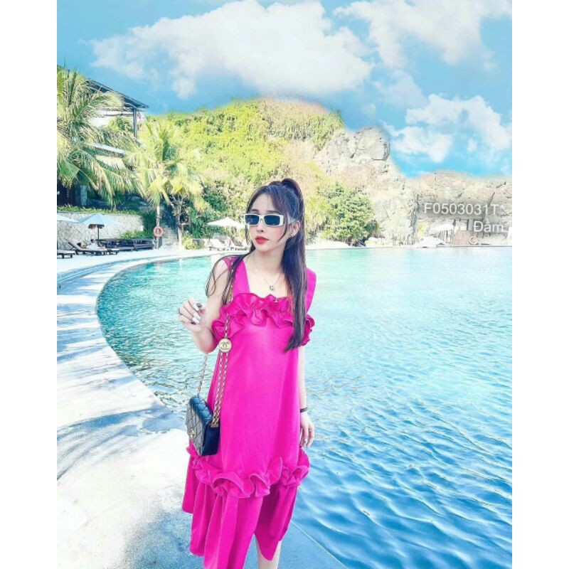 Đầm maxi hồng phối bèo nhún 2 dây bảng! | BigBuy360 - bigbuy360.vn