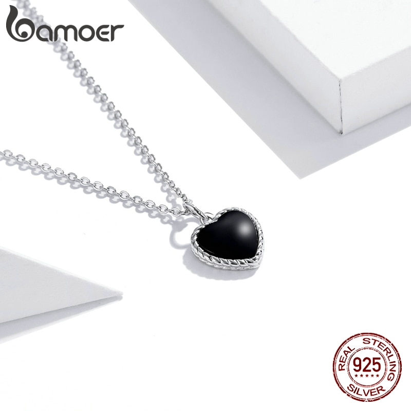 bamoer Real 925 Sterling Silver Black Heart Love Pendant Vintage Necklace Women Statement Collares Jewelry Gift Noble SCN443