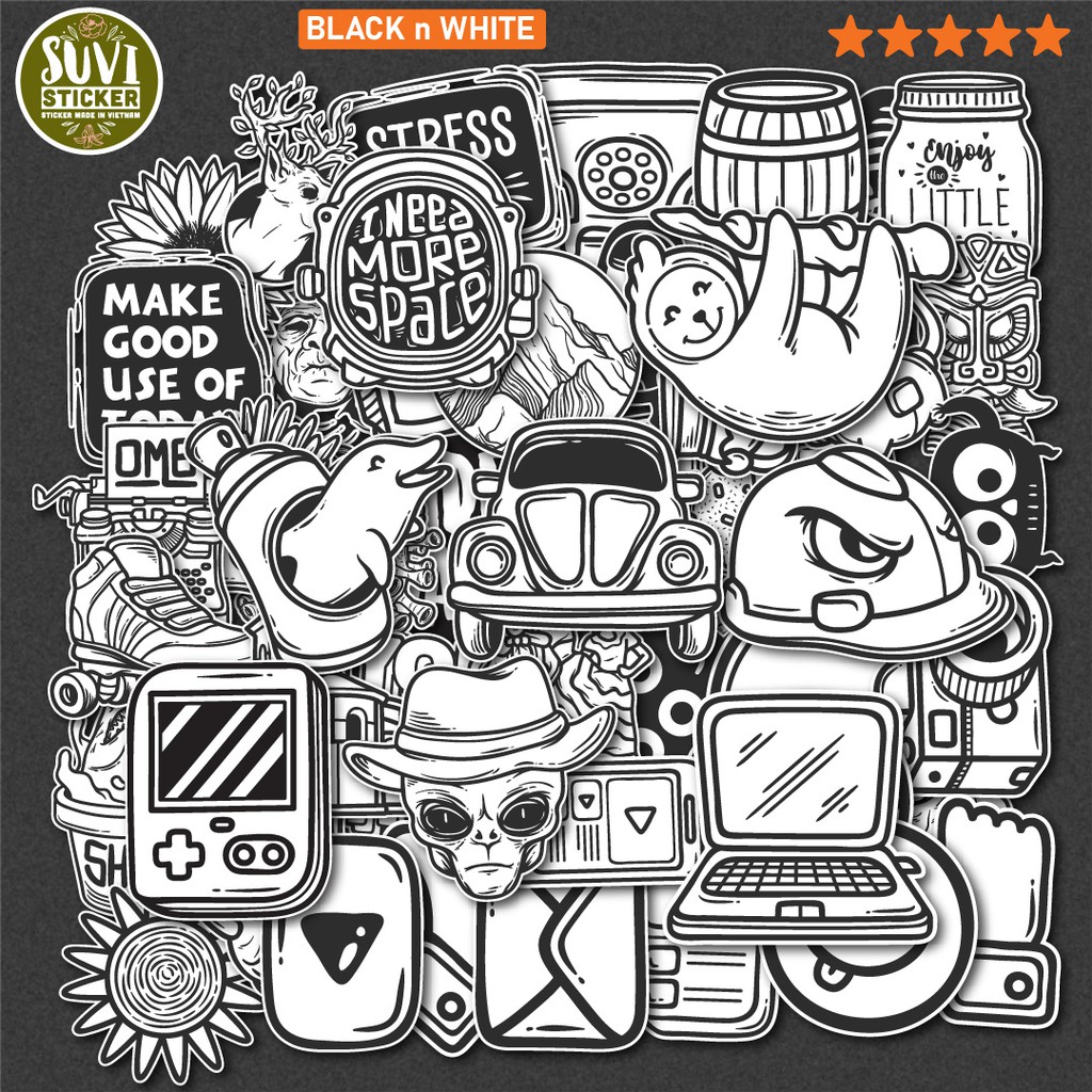 50 Sticker Trắng Đen chống nước sticker dán laptop, điện thoại, đàn guitar, mũ bảo hiểm, vali. MSP: C08