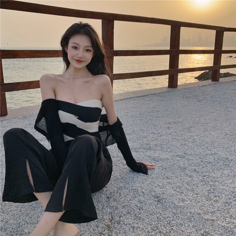 Women Retro Cross-contrast Color Stripes Wrapped Chest Sling Summer Sexy Sleeveless Short Vest Knitted Blouse