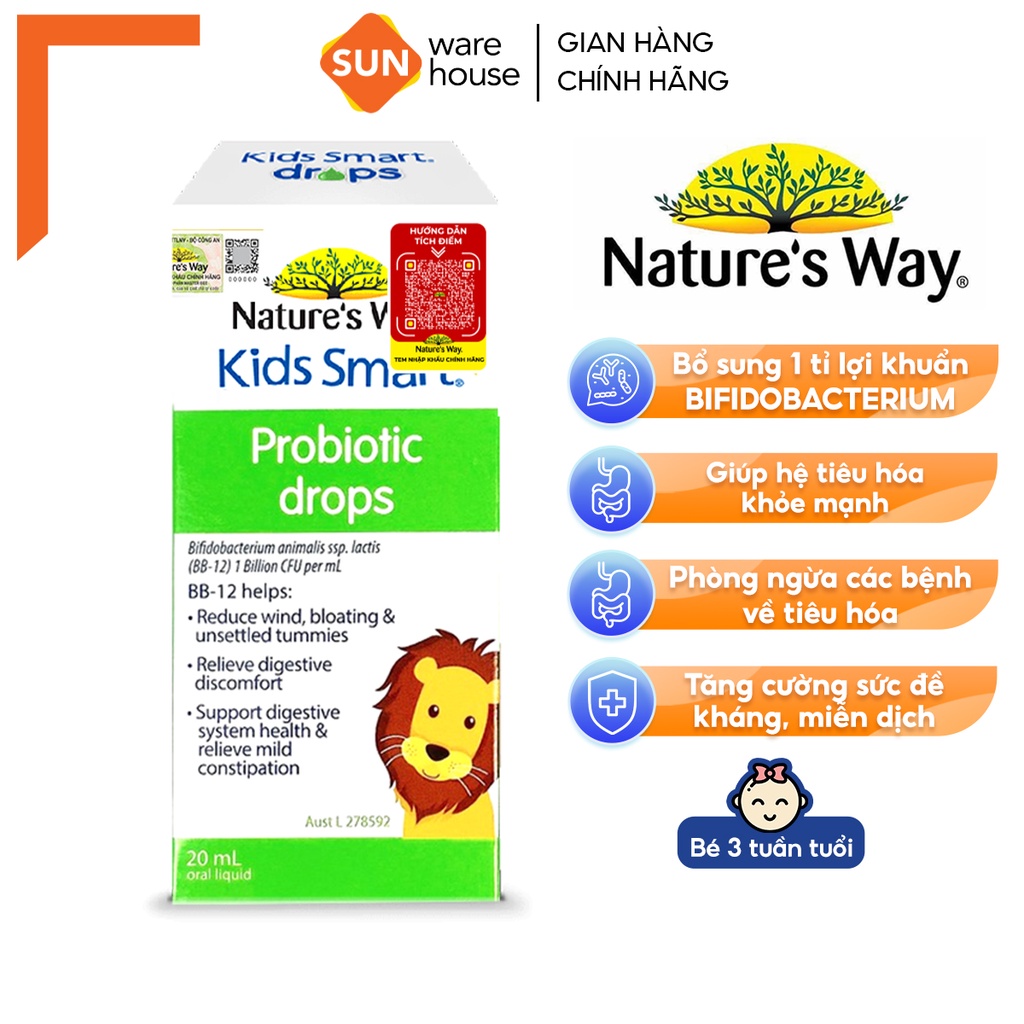 Men Vi Sinh Nature's Way Kids Smart Drops Probiotic Dạng Giọt Bổ Sung Lợi Khuẩn Tăng Cường Miễn Dịch Cho Bé 20ml