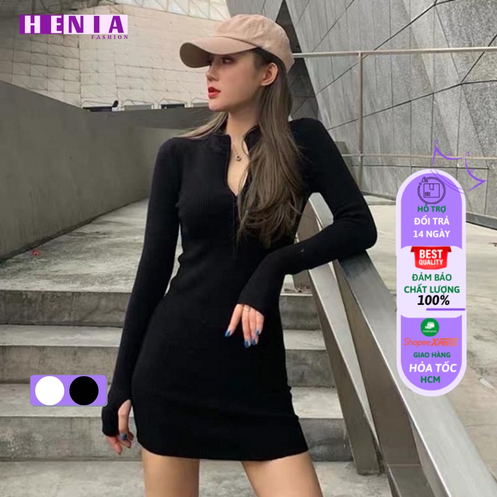 Váy Đầm Nữ Body Tay Dài Phối Khóa Kéo Trước Ngực Sexy Quyến Rũ Cực Xinh Henia.