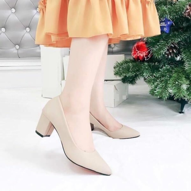 Giày cao gót vuông 5 phân bít mũi da mềm