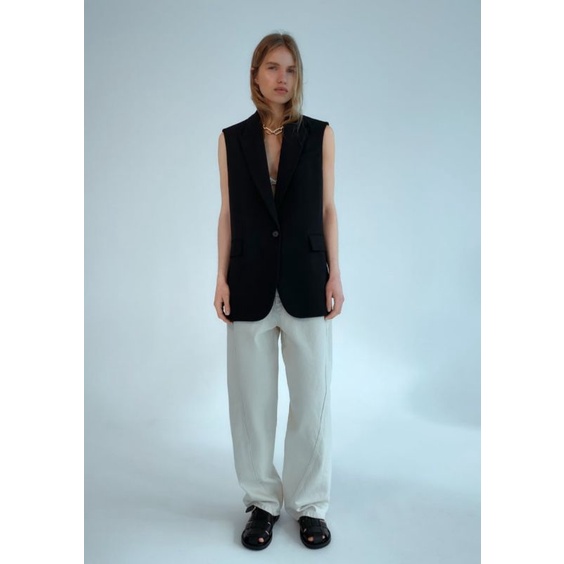 Khoác vest ghi lê dáng dài VNXK sleeveless ghile coat jacket in black áo choàng blazer sát nách xuất khẩu dư xịn