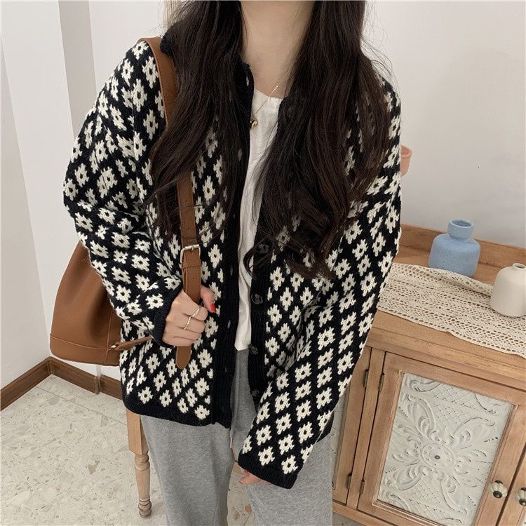 Áo Khoác Cardigan Dệt Kim Tay Dài Dáng Rộng Đính Đá Phong Cách Retro Hàn Quốc