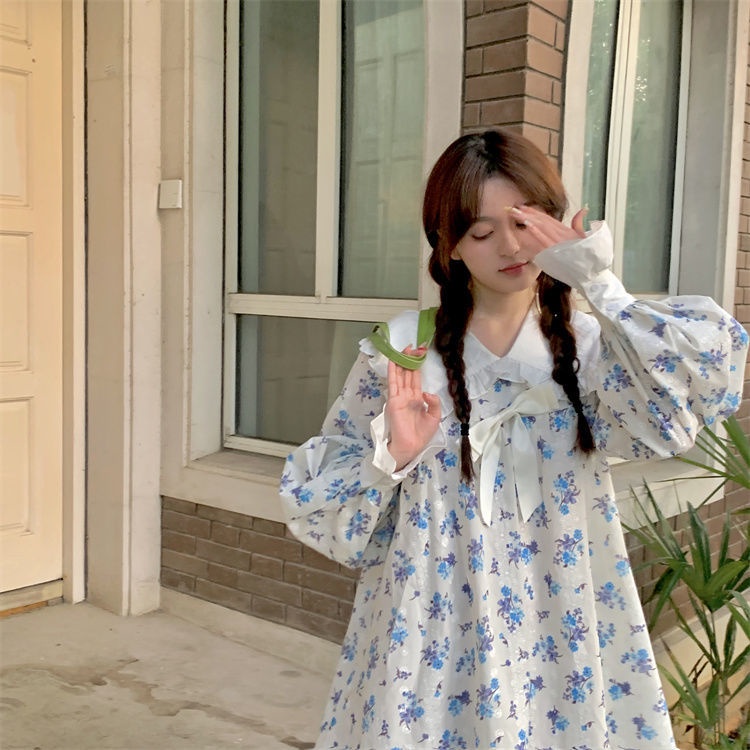 Đầm Tay Dài Phồng Cổ Búp Bê Phong Cách Hàn Quốc Ngọt Ngào Kiểu Mới