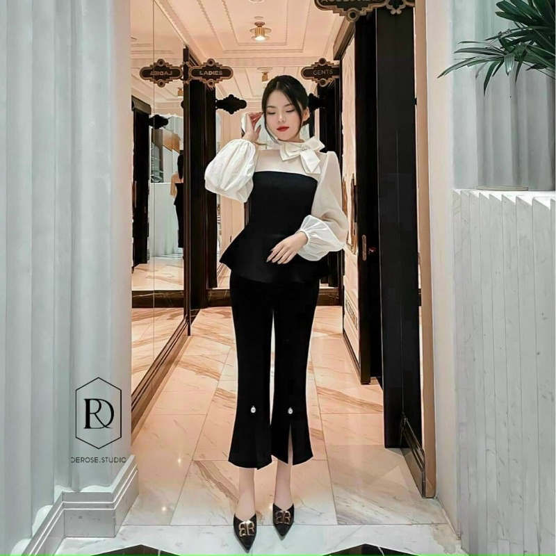 Set áo peplum phối ren + quần tây xẻ ống kết ngọc