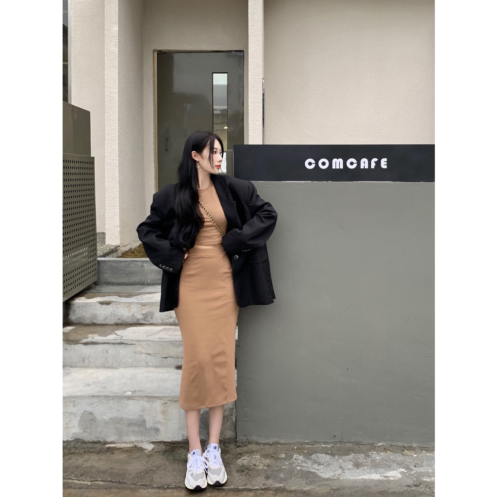 Set áo crop-top dài tay + chân váy body len ép nhung mịn form dài tôn dáng B.I.C V103