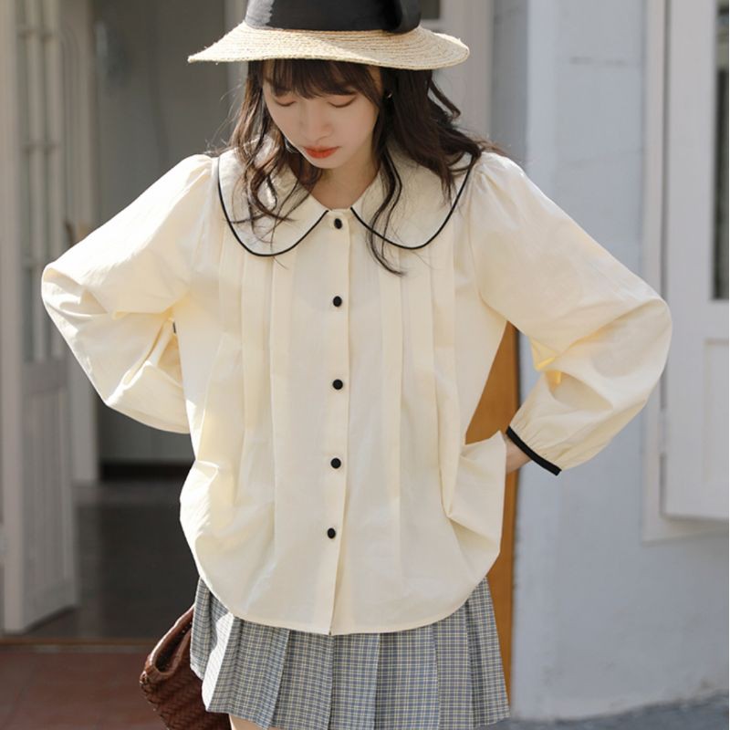 áo sơ mi cổ sen viền đen vintage ảnh thật