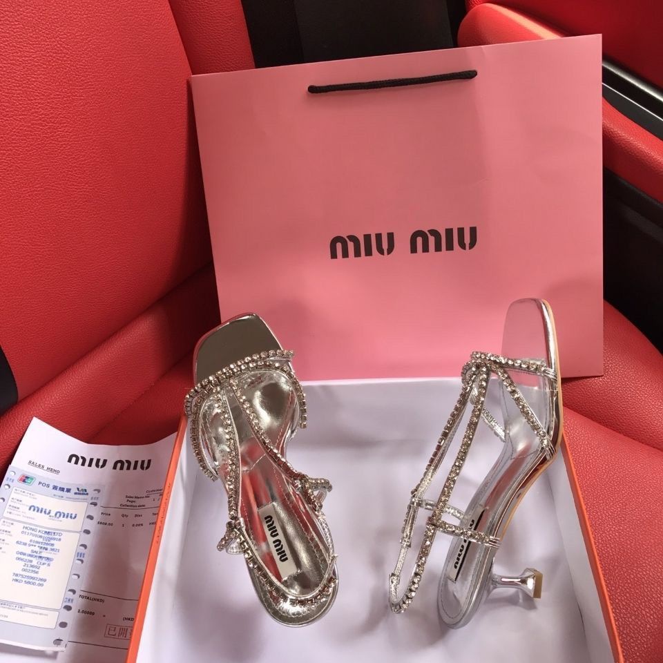 MIU MIU Giày Cao Gót Mũi Nhọn Đính Đá Thời Trang Mùa Hè Dành Cho Nữ