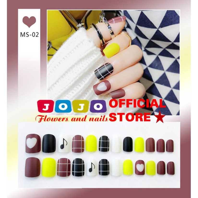 Set 24 móng tay giả sơn trơn họa tiết kẻ L50 Jojo móng giả đẹp thời trang có keo dán tự làm tại nhà