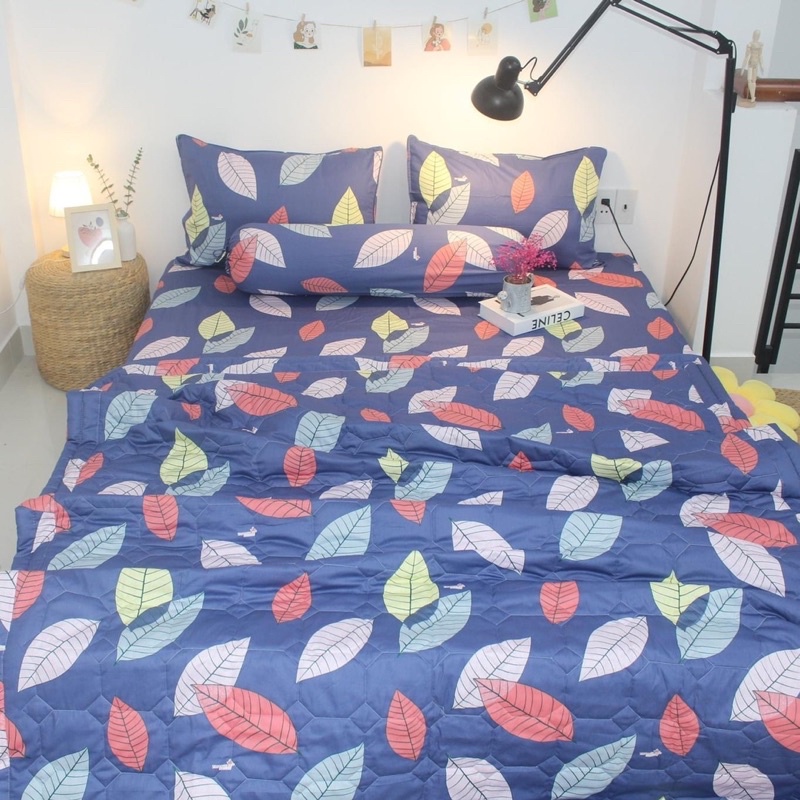 drap cotton Thắng Lợi, ga giường chuẩn logo thoáng mát mẫu LÁ RƠI XANH