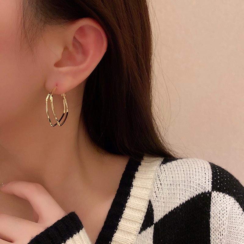 Khuyên tai kim loại hình tròn hai lớp phong cách retro chất lượng cao cho nữ