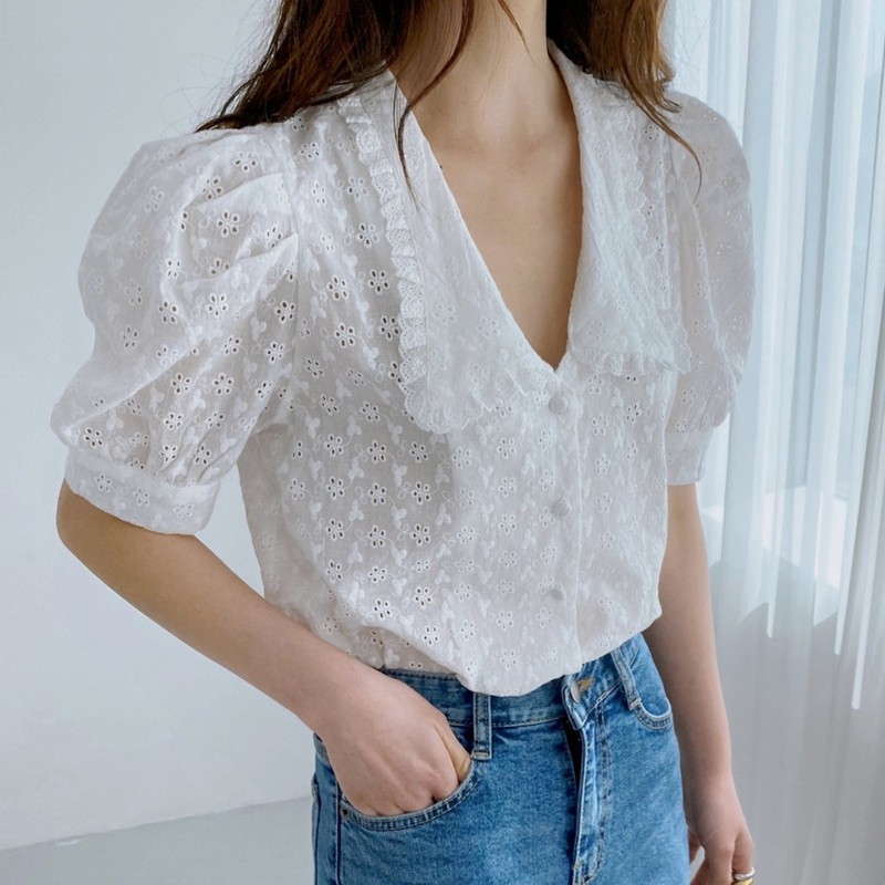Áo Sơ Mi Tay Phồng Thêu Họa Tiết Xinh Xắn Kiểu Hàn Quốc | BigBuy360 - bigbuy360.vn