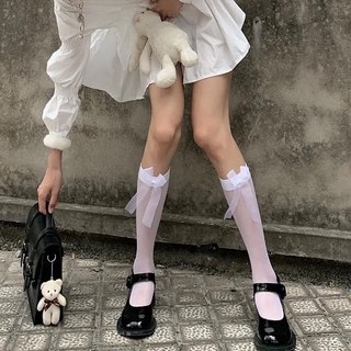 Japanese Bowknot Stockings See Through Calf Thin Knee Socks with Bow Summer Sweet Girl Cute Lolita Long Socks High Knee Socks