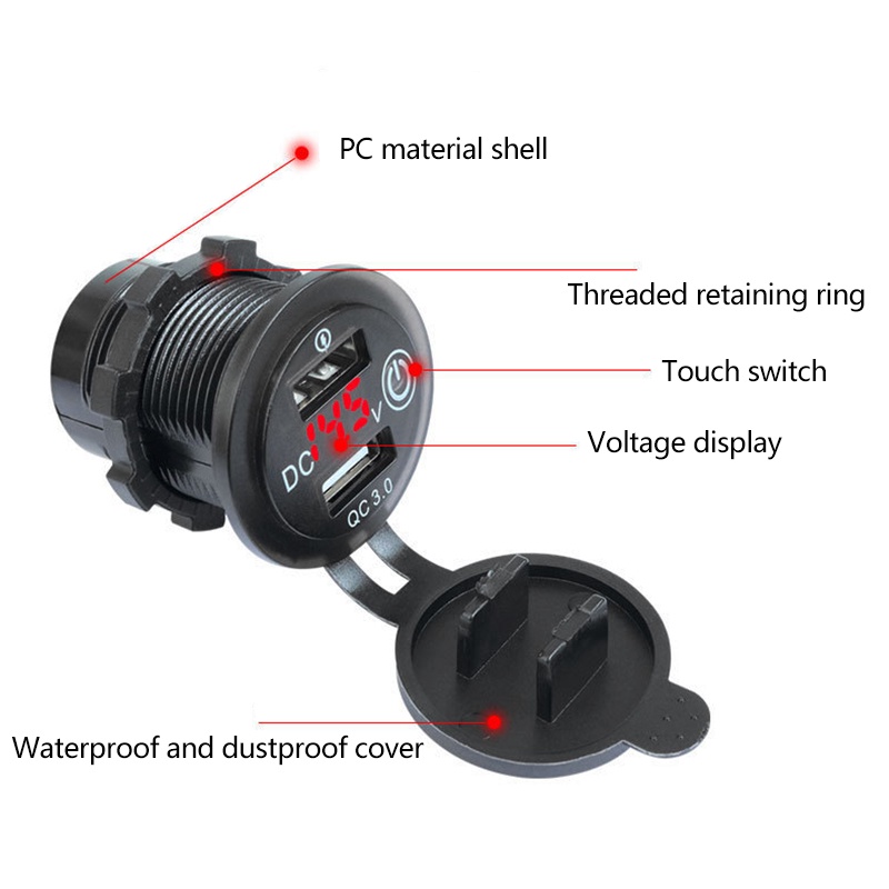 Cục Sạc Nhanh QC3.0 USB Vôn Kế Có Công Tắc Bật / Tắt Có Đèn LED Cho Xe Hơi / Xe Máy 12V / 24V